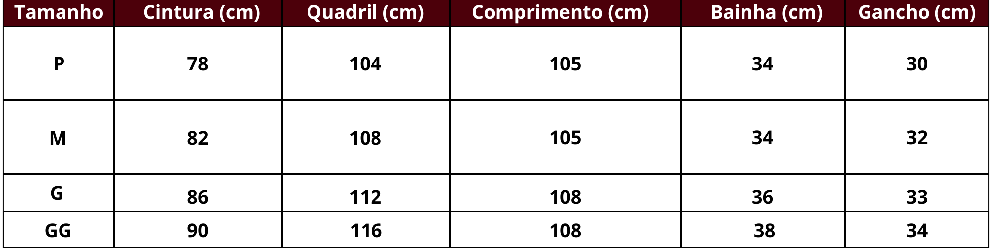 Tabela de medidas calça moletom