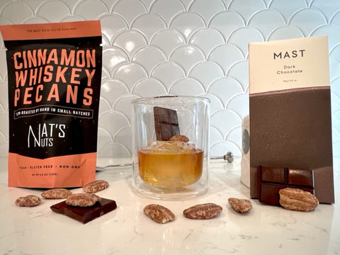 Cinnamon whiskey pecans and dark chocolate bar as part of the Rocks N' Roses Bourbon Box