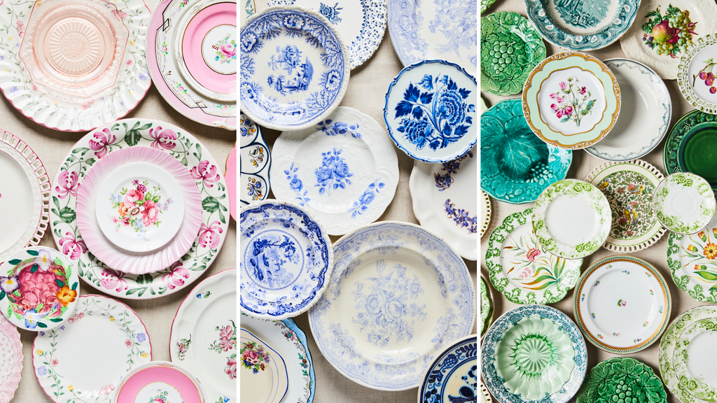 Pink, blue and green vintage crockery from The Social Kitchen. Great for gender reveals, abby showers, garden partys and teas. Vintage detailing on beautiful plates