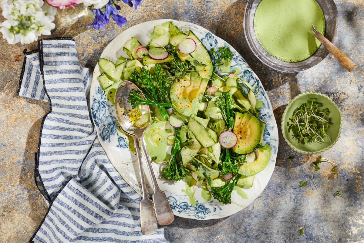 Green Goddess Salad in a large blue and white vintage platter