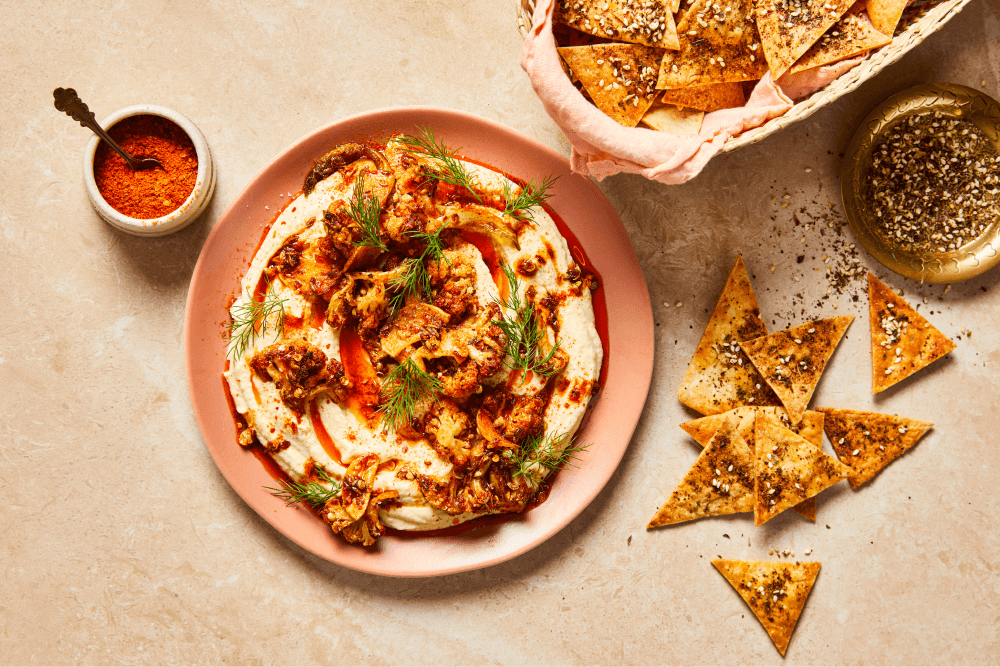 Roasted Spiced Cauliflower-Topped Hummus