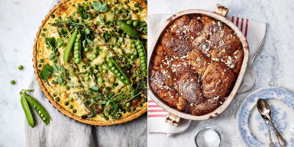 Delicous Spring Tart with Asparagus, peas and leeks. Crossaint bread and butter pudding, both recipes from The Social Kitchen Table cookbook