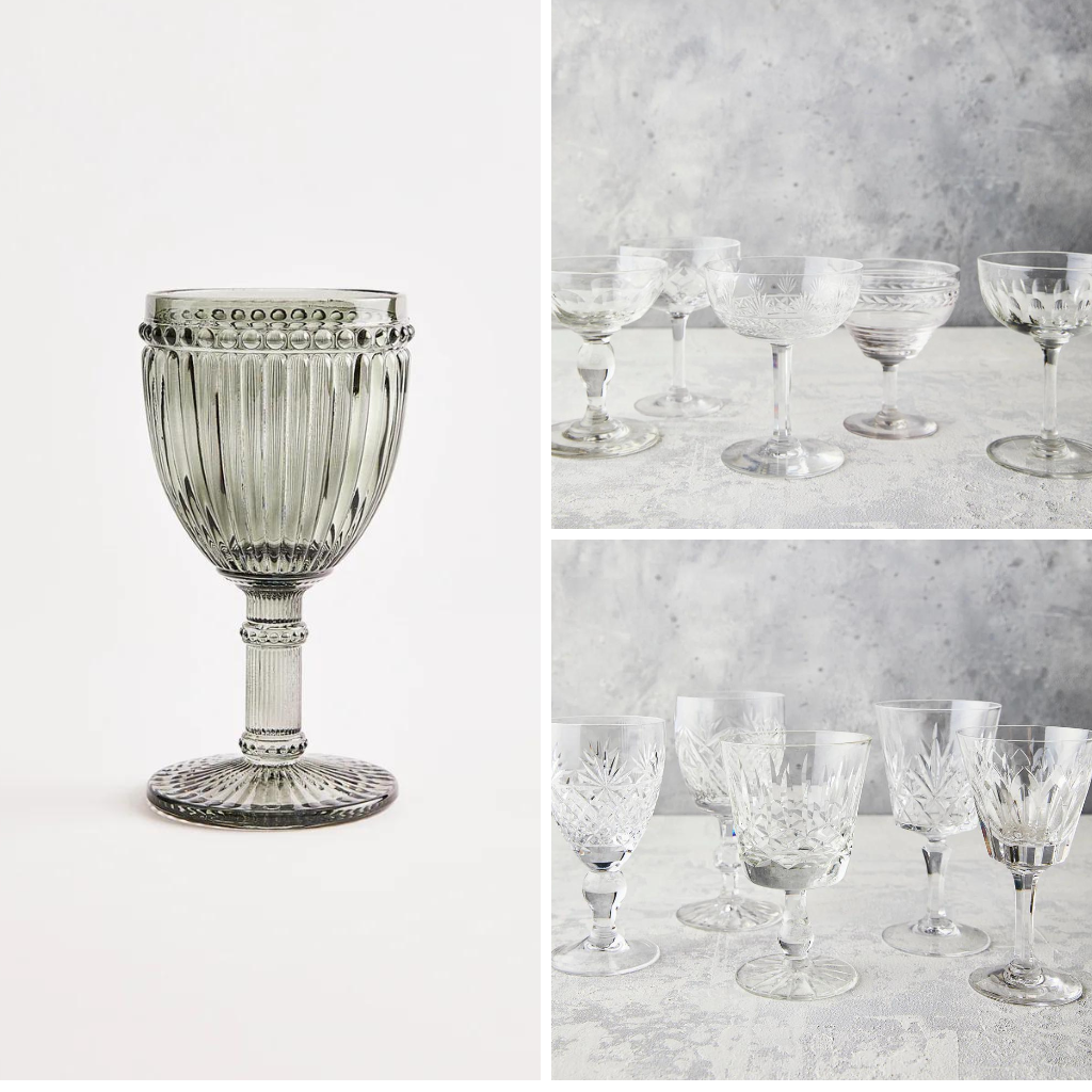 The Vintage Champagne Coupe, Vintage Wine Glasses Small and Smoke Glass Goblet glassware props hire and events hire