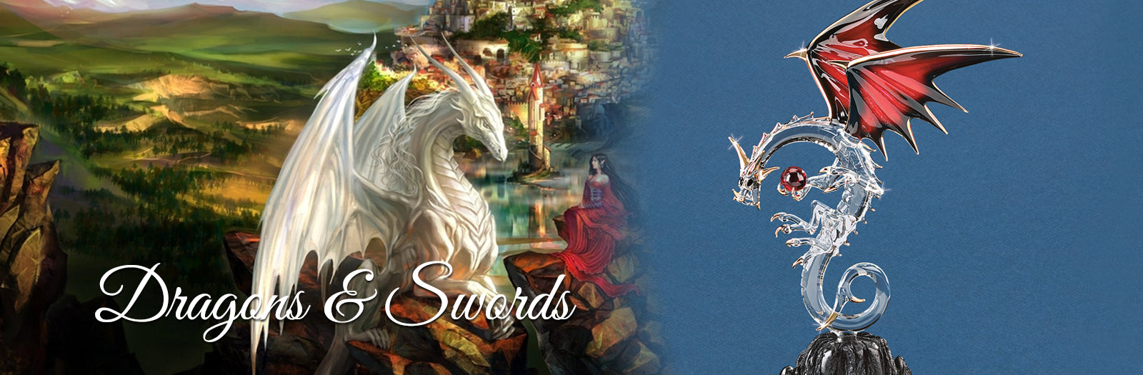 Shop mystical legends with this collection of handcrafted glass art dragons and swords.