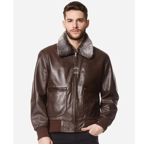 Fur collar leather bomber jacket for men