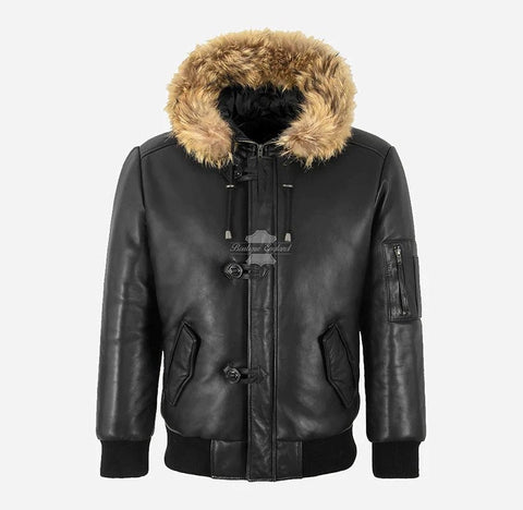 Fur hooded leather parka for men