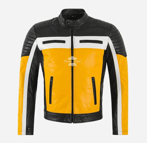 Mens biker leather jacket yellow