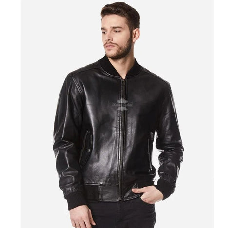 Black leather bomber for mens