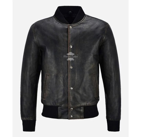 Mens distressed bomber leather jacket