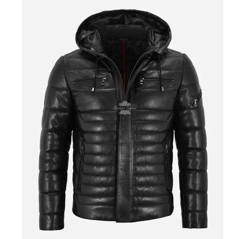 Quilted hooded leather jacket, Leather puffer jacket, Leather winters jacket