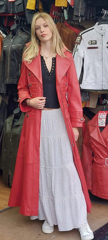 Red leather duster coat for women