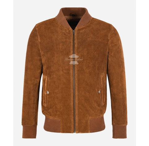 perforated suede bomber