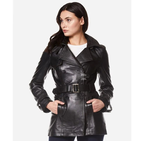 Black leather trench coat with belt for women