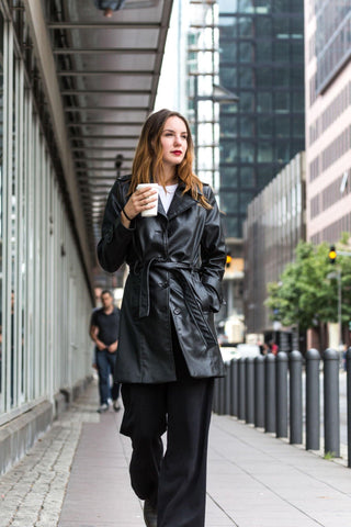Black leather wrap coat for women with belt
