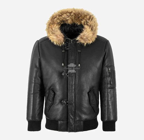 Fur hooded leather bomber