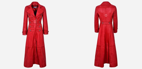 Women red leather long coat