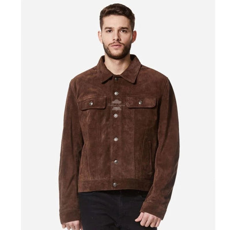 Suede leather trucker jacket brown