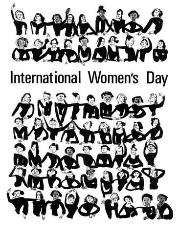 Image: International Women's Day poster with black and white images of various women.