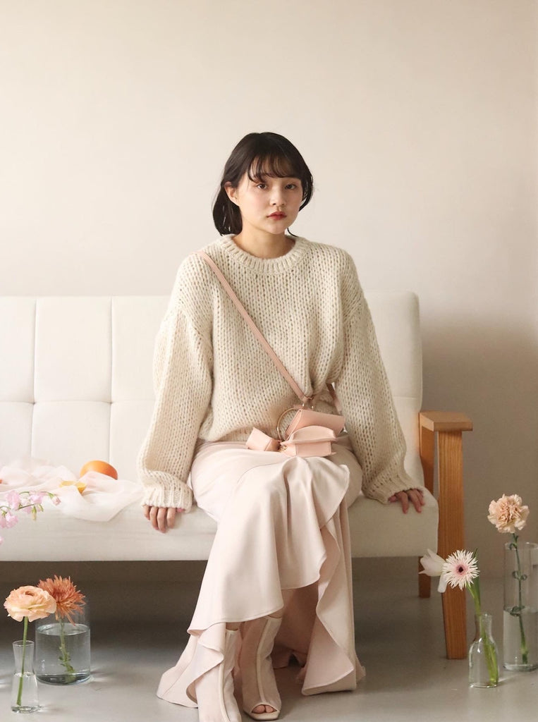 muguet shaggy knit ensemble baby pink | showme.org