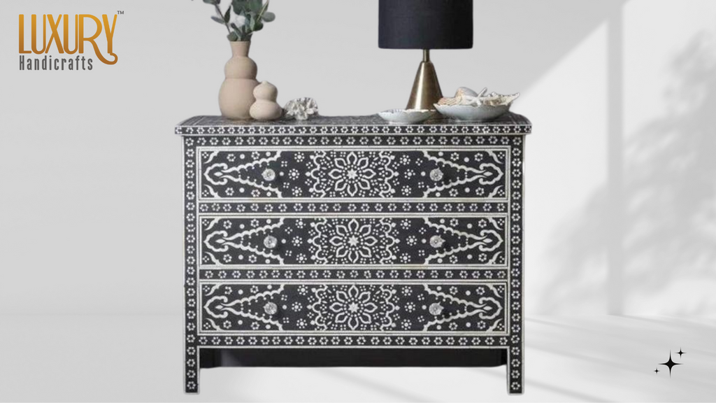 Bone Inlay Chest of 3 Drawers Black