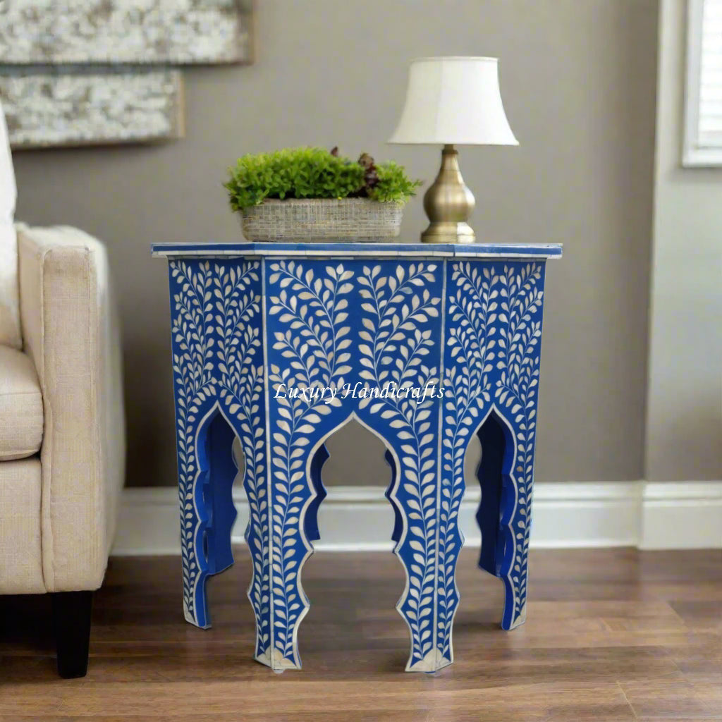 Large Octagonal Blue Side Table with Naomi Bone Inlay