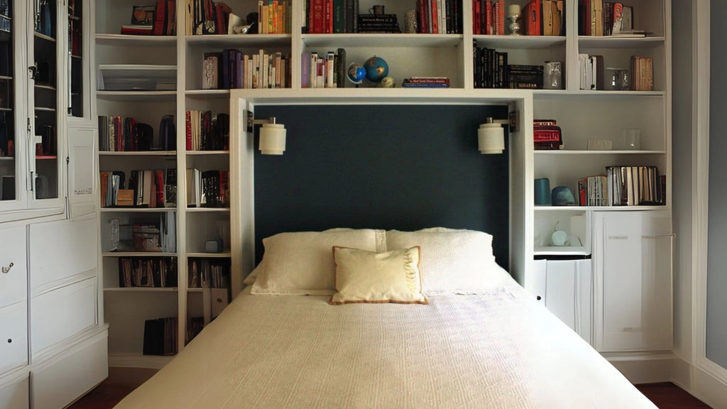 bookshelf wall for bed