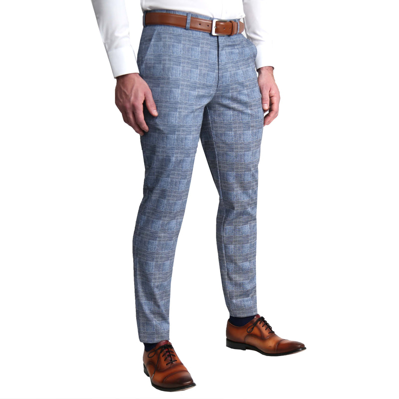 Athletic Fit Stretch Suit Pants - Knit Light Blue, Navy & White Plaid -  State and Liberty Clothing Company