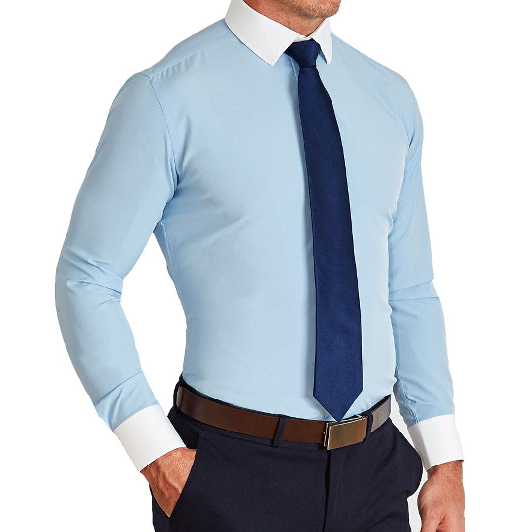 light blue dress shirt with white collar