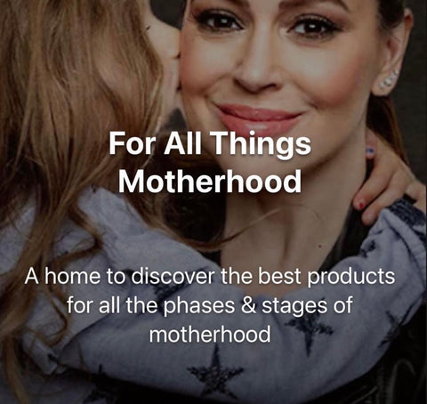 An image of Alyssa Milano's motherhood shop banner posted by Woodland Pulse, an online retailer of modernist vase designs and black vase modern designs.