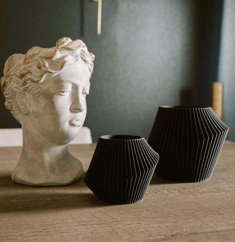 Two DISC black planters next to a greek head statue.