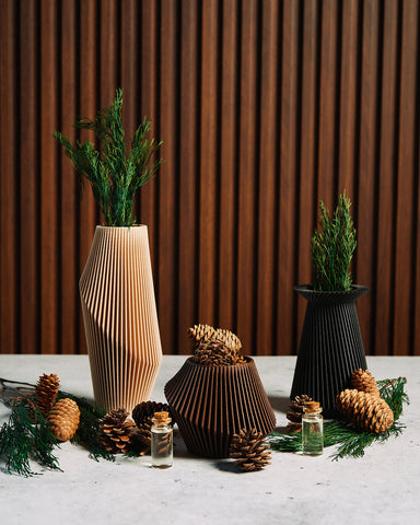 Unique pot planters and modernist vase in beige by Woodland Pulse. Cedar oil passive diffusers.