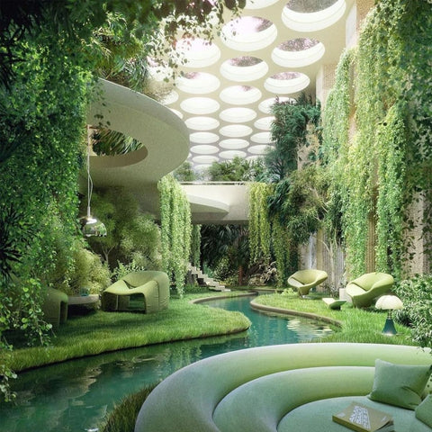 Biophilic design with indoor water stream.