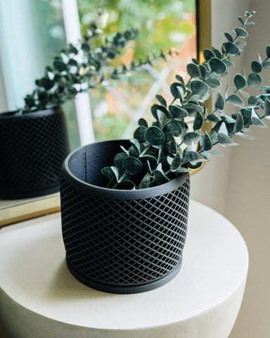 VISION black planter pot with eucalyptus.