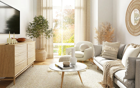 boho beige style living room.