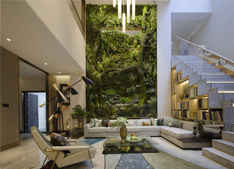 Greenscaped plant wall in biophilic living room.