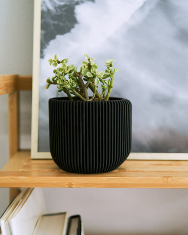 Woodland Pulse, an online retailer of modern planters, unique flower pots, boho planters, and boho vases showcasing a photo of our IONIC black planter on a wooden bookshelf.