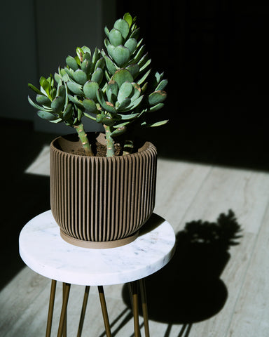 A unique flower pot / brown planter by Woodland Pulse on top of a white marble side table facing the sunlight.