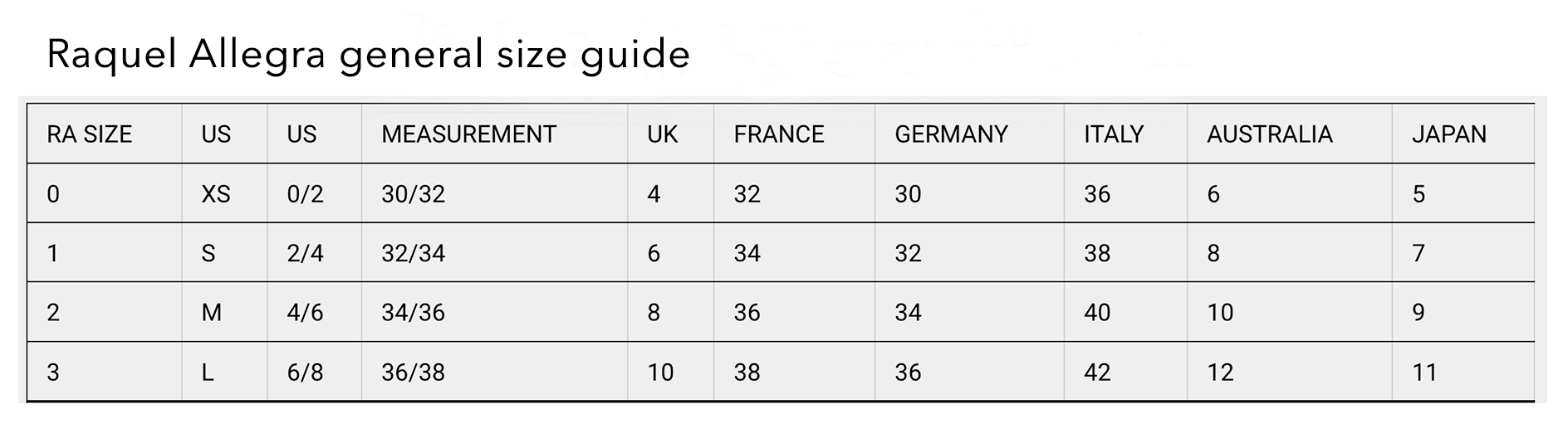 Raquel Allegra general size guide