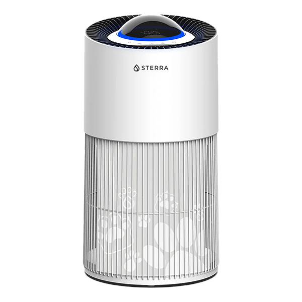 White air purifier with 'STERRA' branding and paw print design on the lower part.