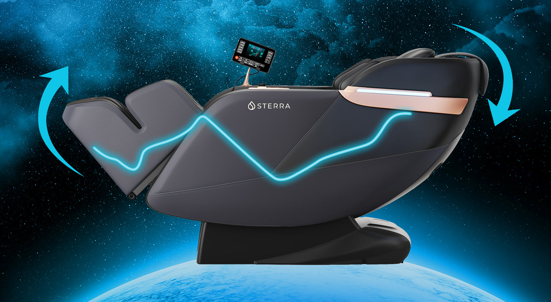 Black massage chair with glowing lines, on a space-themed background.