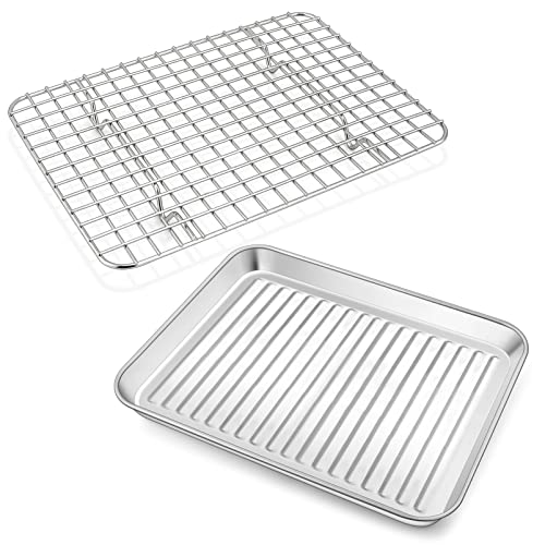WEZVIX Stainless Steel Baking Sheet Set of 2 Tray Cookie Sheet Toaster Oven  Pan Rectangle Size 10 x 8 x 1 inch, Non Toxic, Rust Free & Less Stick
