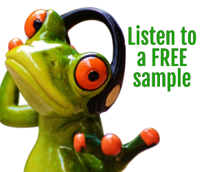 Frog with headphones Demelza Carlton audiobooks on Youtube
