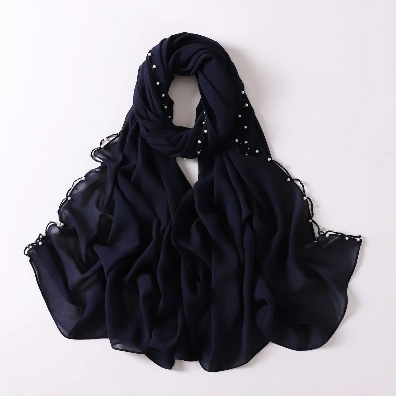 Wavy Edge Pearl Beaded Chiffon Scarf