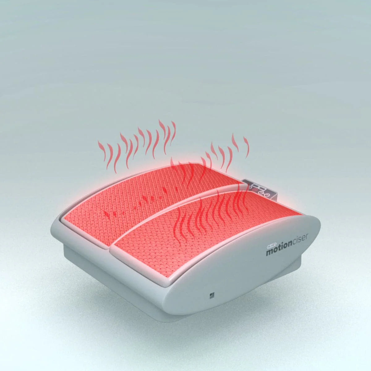 A foot massager device emitting heat waves, with a digital control panel.