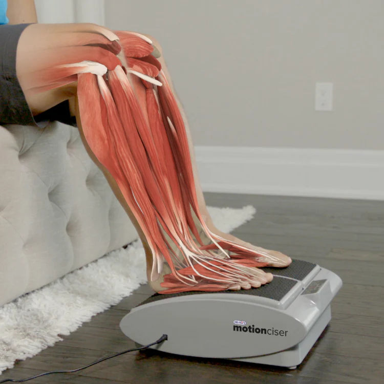 Person using foot massager with muscle anatomy overlay on legs.