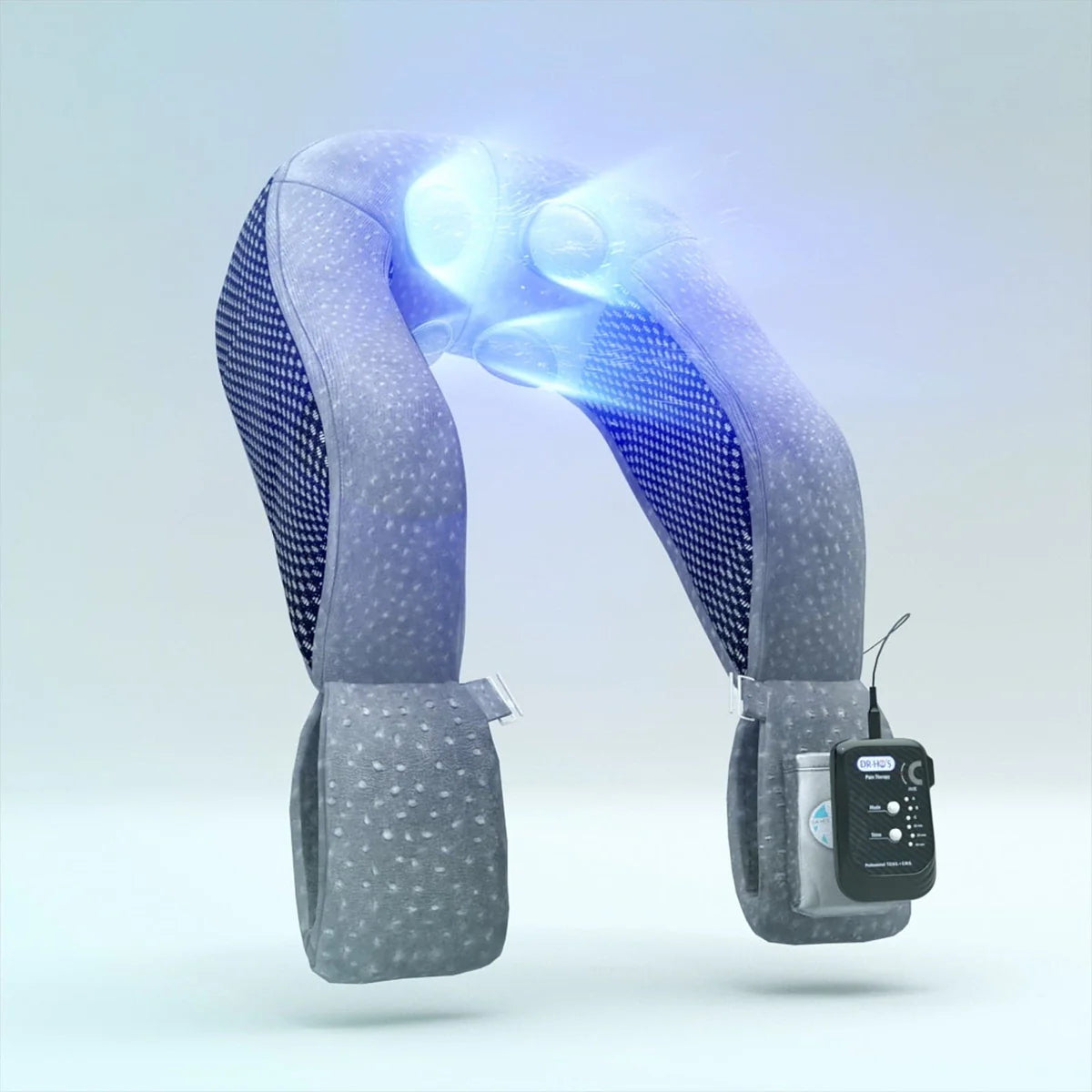 Gray heated neck massager with blue lights and control panel.
