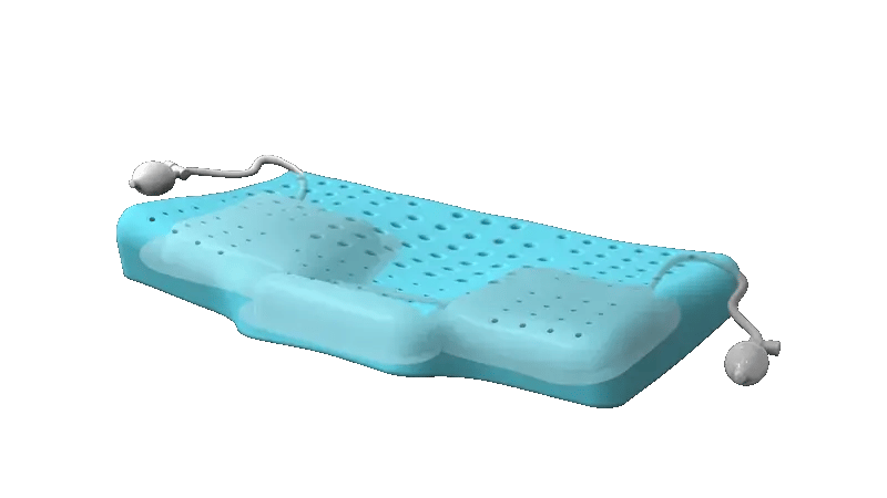 Woman sleeping on customizable pillow with adjustable loft, neck support, and firmness options.