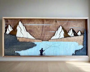 Layered wood Fly Fishing wall décor - Hooked Design