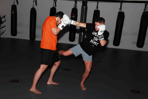 A photo of Andy Souwer demonstrating his Dutch Kickboxing System for training fighters