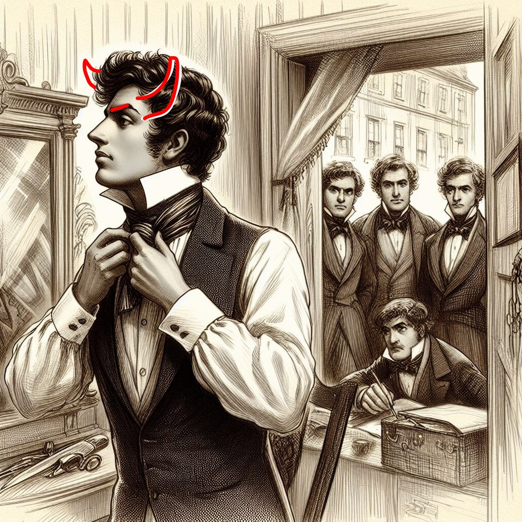 Beau Brummell fixing his cravat tie in his bathroom while men outside the window watch, from the sideawalk.